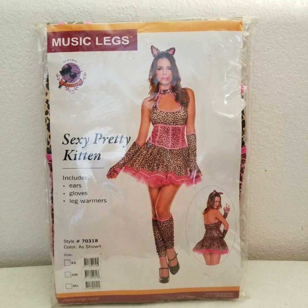 Music Legs Sexy Pretty Kitten Pink Leopard Cat Costume S/M 4 Piece Mini Dress